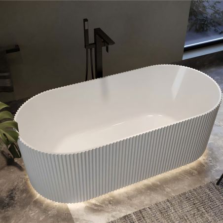 Badewanne, freistehend, LED-Beleuchtung, Bewegungssensor, Acryl, Ventil inklusive, Glänzendes Weiß, 170x80 cm, Eliza