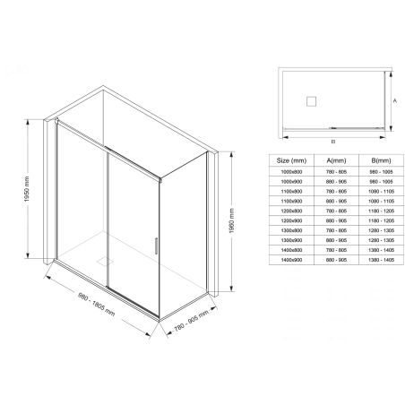 Duschkabine mit fester Wand und Schiebetür, aus 6 mm Sicherheitsglas, 80-90 x 100-140 cm, Profil und Griff in Chrom, Hanes