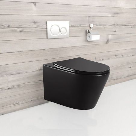 EGO Galo Randlose Toilettenschüssel, Mattschwarz, 53x36 cm, hängende Montage, Duroplast Slim Soft-Close-Abdeckung inklusive