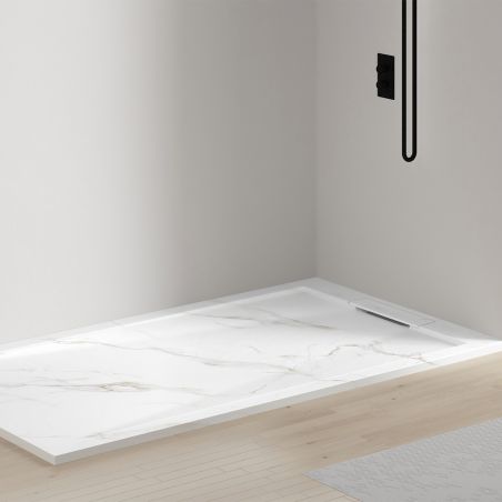 Duschwanne, Weiße Calacatta, Marble Mat Finish, Mineralverbund, Abmessungen 100-160x80-90 cm, zuschneidbar, Antonio