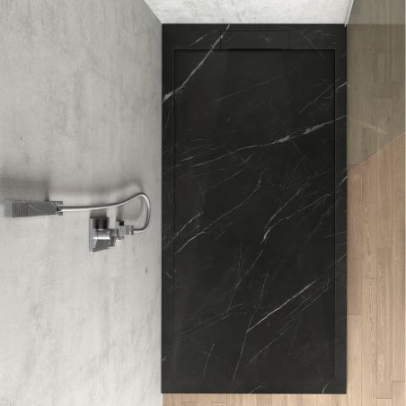 Duschwanne, Black Marquina, Oberfläche Marble Mat, Mineralwerkstoff, Maße 100-160x80-90 cm, Ausschnitt, Antonio