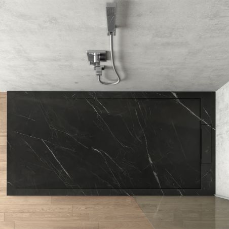 Duschwanne, Black Marquina, Oberfläche Marble Mat, Mineralwerkstoff, Maße 100-160x80-90 cm, Ausschnitt, Antonio