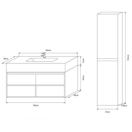 Möbel mit Seitenschrank, Waschbecken aus Sinterstein, Mdf, Soft- Close, 2 Schubladen, Grau, 100x50x58, Combo