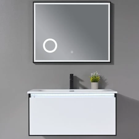 PVC-Badmöbel mit Corian-Komposit-Waschtisch, LED-Lichtleiste, Soft Close, Maße: 90x52 cm, Halo