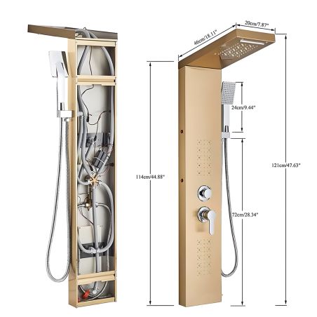 Duschpaneel Aurora, LED-Beleuchtung, 5 Funktionen, Wasserfall, Tropenregen, Handbrause, Edelstahl, Mattgold