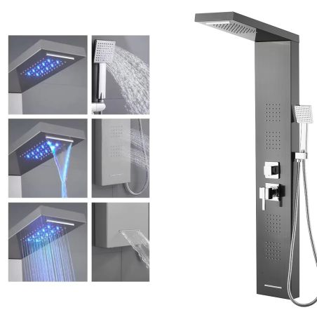 Duschpaneel Infinity, LED-Beleuchtung, Wasserfall, Tropenregen, 5 Funktionen, Handbrause, Dunkelgrau