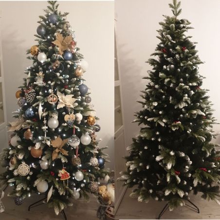 Weihnachtsbaum, 3D-Zweige, 250 cm, mit Zapfen, Lorbeerbeeren und Schnee, Metallständer inklusive