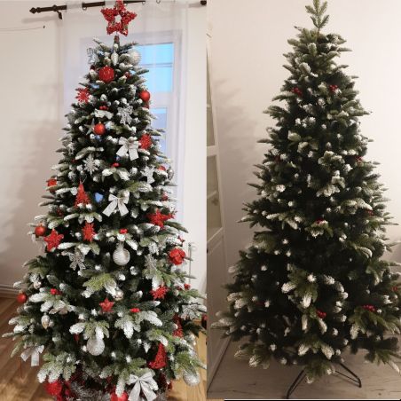 Weihnachtsbaum, 3D-Zweige, 250 cm, mit Zapfen, Lorbeerbeeren und Schnee, Metallständer inklusive