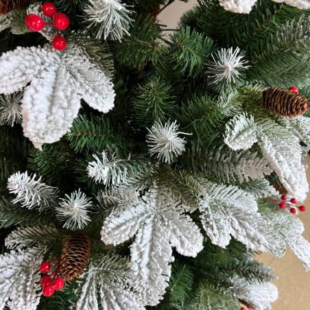 Weihnachtsbaum, 3D-Zweige, 250 cm, mit Zapfen, Lorbeerbeeren und Schnee, Metallständer inklusive