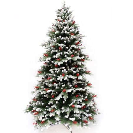 Weihnachtsbaum, 3D-Zweige, 250 cm, mit Zapfen, Lorbeerbeeren und Schnee, Metallständer inklusive