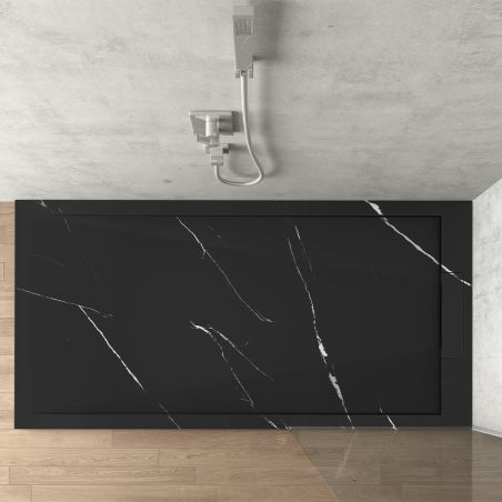 Duschwanne, Black Marquina, Oberfläche Marble Mat, Mineralwerkstoff, Maße 100-160x80-90 cm, Ausschnitt, Antonio