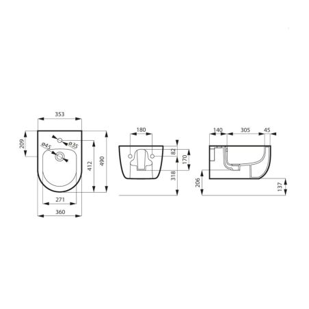 WC- und Bidet-Set, Schwarz, halbmatte Oberfläche, Power Color, hängende Montage, 49x36 cm, Michael-Kollektion