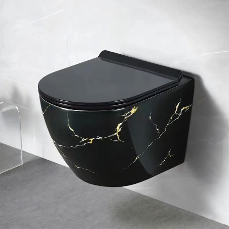 Wandhängendes WC, Rimless, 48x37 cm, Duroplast-Sitz, Schwarz Gold Marmor, Ben