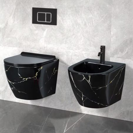 Wandhängendes WC, Rimless, 48x37 cm, Duroplast-Sitz, Schwarz Gold Marmor, Ben