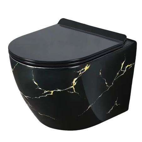 Wandhängendes WC, Rimless, 48x37 cm, Duroplast-Sitz, Schwarz Gold Marmor, Ben