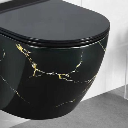 Wandhängendes WC, Rimless, 48x37 cm, Duroplast-Sitz, Schwarz Gold Marmor, Ben