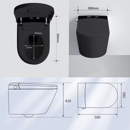 Smart-WC, inkl. Rahmen, Power Color, Bidetfunktion, UV-Desinfektion, LED, wandmontiert, 58x38 cm, Mattschwarz, Ela